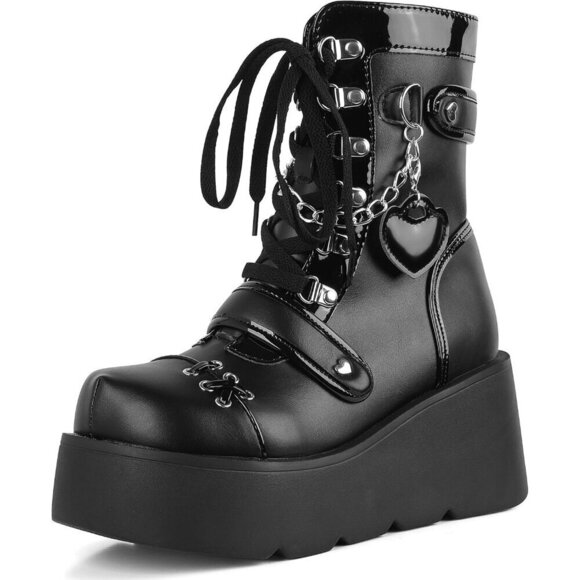 ✨Women's Black Wedge High Heel Booties Goth Round Toe Combat Heart Chain Boots